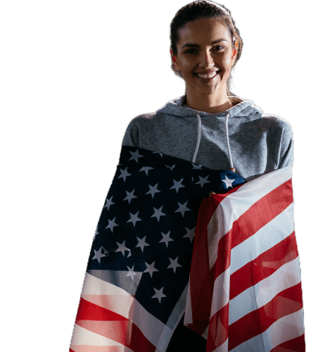 Woman wrapped in an American flag promoting U.S. immigration filing services